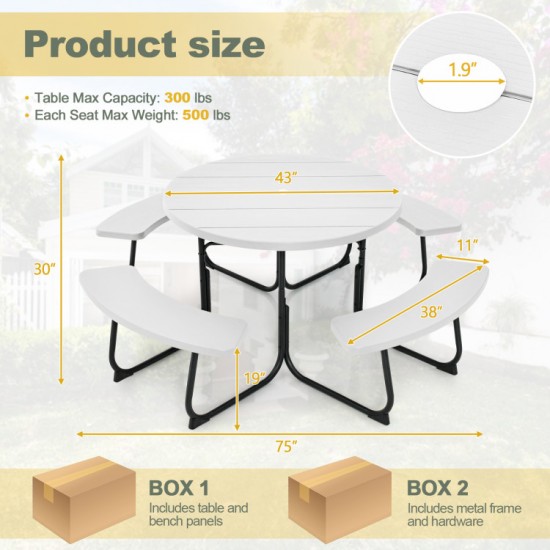Honhorrs Eight-Person HDPE Picnic Table and Benches, Metal X-Braced Frame with Center Umbrella Hole