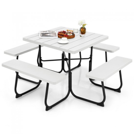 Honhorrs HDPE Outdoor Picnic Table with Four Attached Benches and a 1.9-Inch Central Umbrella Hole