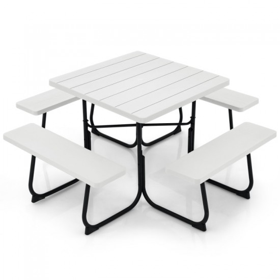 Honhorrs HDPE Outdoor Picnic Table with Four Attached Benches and a 1.9-Inch Central Umbrella Hole