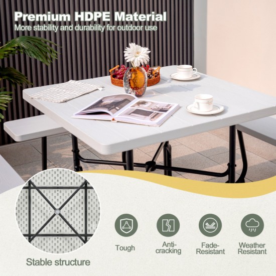 Honhorrs HDPE Outdoor Picnic Table with Four Attached Benches and a 1.9-Inch Central Umbrella Hole