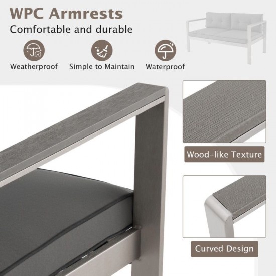 Honhorrs Two-Person Aluminum Patio Sofa, WPC Armrests with Removable Seat and Back Cushion Covers