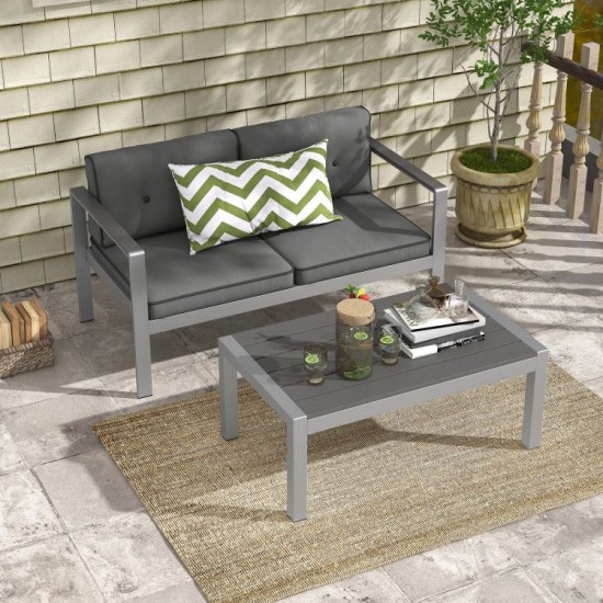 Honhorrs Two-Person Aluminum Patio Sofa, WPC Armrests with Removable Seat and Back Cushion Covers
