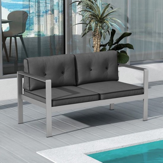 Honhorrs Two-Person Aluminum Patio Sofa, WPC Armrests with Removable Seat and Back Cushion Covers