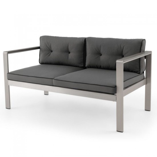 Honhorrs Two-Person Aluminum Patio Sofa, WPC Armrests with Removable Seat and Back Cushion Covers
