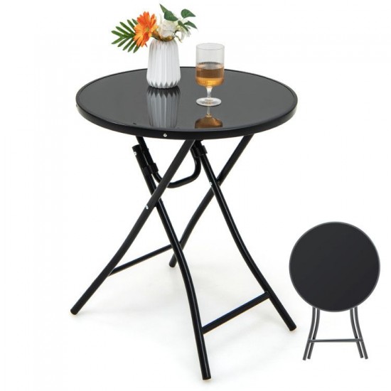 Owlyin 23-Inch Folding Bistro Table, Round Tempered-Glass Top with Cross-Braced Metal Frame and Lock