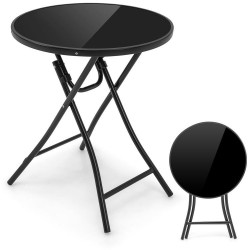Owlyin 23-Inch Folding Bistro Table, Round Tempered-Glass Top with Cross-Braced Metal Frame and Lock