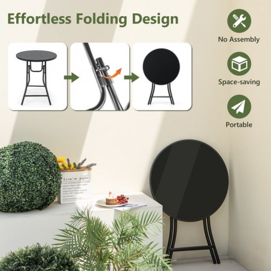 Owlyin 23-Inch Folding Bistro Table, Round Tempered-Glass Top with Cross-Braced Metal Frame and Lock
