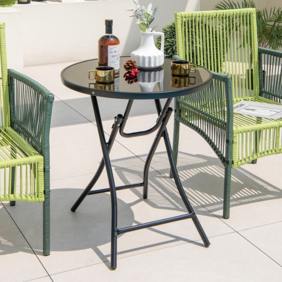 Owlyin 23-Inch Folding Bistro Table, Round Tempered-Glass Top with Cross-Braced Metal Frame and Lock