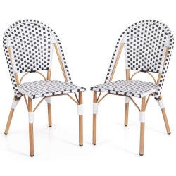 XVX Pair of French Bistro Chairs, Woven PE Rattan on Galvanized Metal Frames with Adjustable Feet