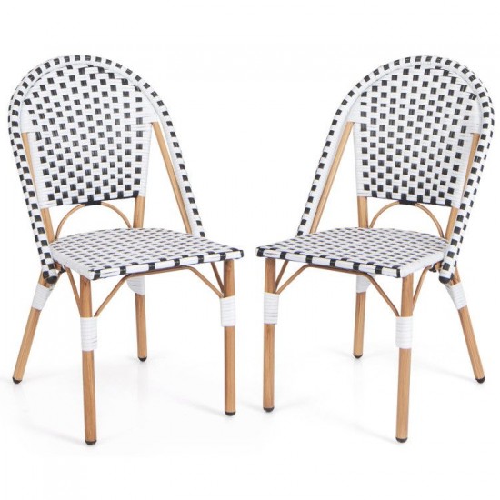 Owlyin Pair of French Bistro Chairs, Woven PE Rattan on Galvanized Metal Frames with Adjustable Feet