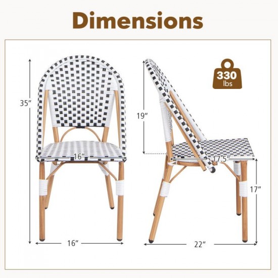 Owlyin Pair of French Bistro Chairs, Woven PE Rattan on Galvanized Metal Frames with Adjustable Feet