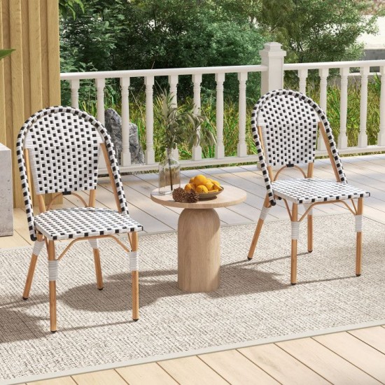 Owlyin Pair of French Bistro Chairs, Woven PE Rattan on Galvanized Metal Frames with Adjustable Feet