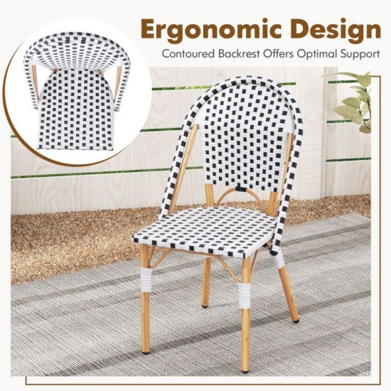 Owlyin Pair of French Bistro Chairs, Woven PE Rattan on Galvanized Metal Frames with Adjustable Feet
