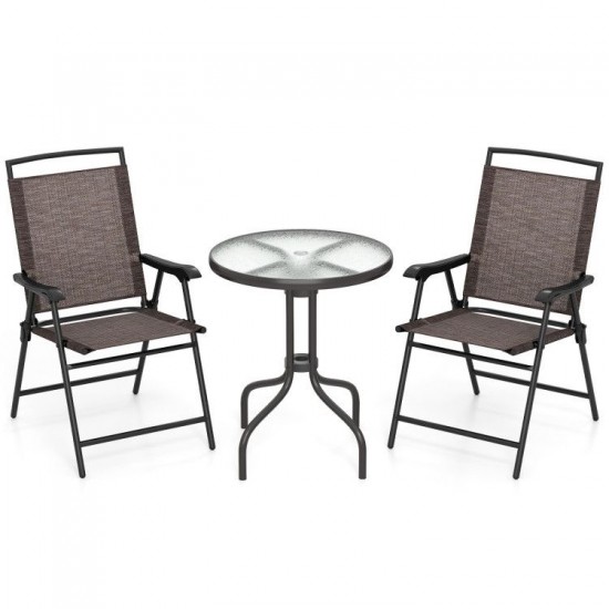 Honhorrs Three-Piece Patio Bistro Set, Folding Chairs and Rippled Glass Table with Umbrella Opening