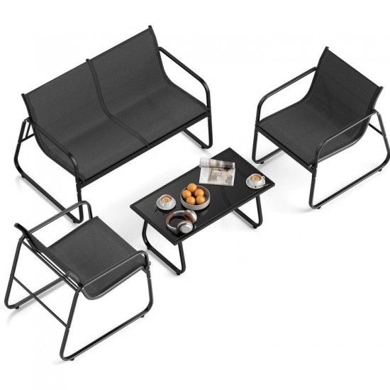 Honhorrs Four-Piece Fabric Patio Seating Set, Loveseat and Two Armchairs with a Glass Coffee Table