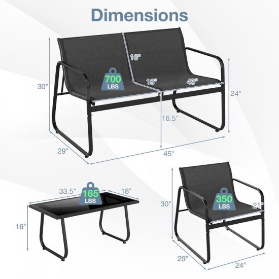 Honhorrs Four-Piece Fabric Patio Seating Set, Loveseat and Two Armchairs with a Glass Coffee Table