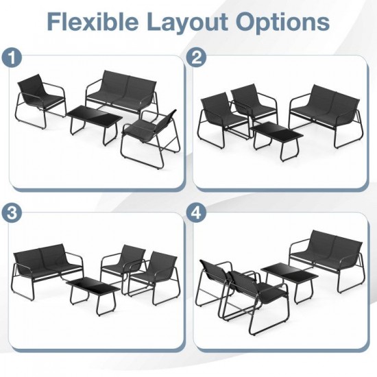 Honhorrs Four-Piece Fabric Patio Seating Set, Loveseat and Two Armchairs with a Glass Coffee Table