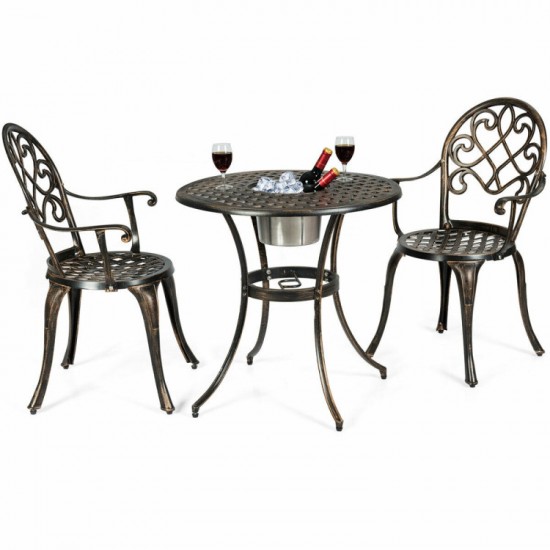 Honhorrs Cast-Aluminum Bistro Set for Two, Table with Removable Stainless Steel Ice Bucket Insert