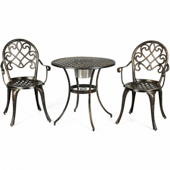 Honhorrs Cast-Aluminum Bistro Set for Two, Table with Removable Stainless Steel Ice Bucket Insert