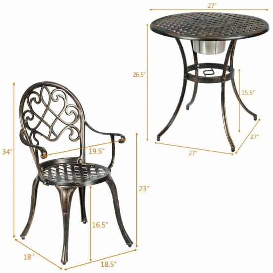 Honhorrs Cast-Aluminum Bistro Set for Two, Table with Removable Stainless Steel Ice Bucket Insert
