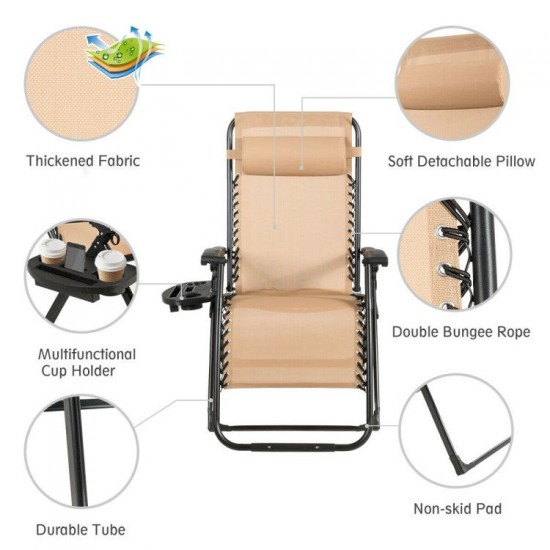 Owlyin Oversized Folding Zero-Gravity Lounge Seat, Reclining Back with Movable Pillow and Cup Holder