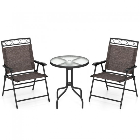 Honhorrs Three-Piece Bistro Set, Folding Fabric Chairs and Glass Table with 1.57-Inch Umbrella Hole