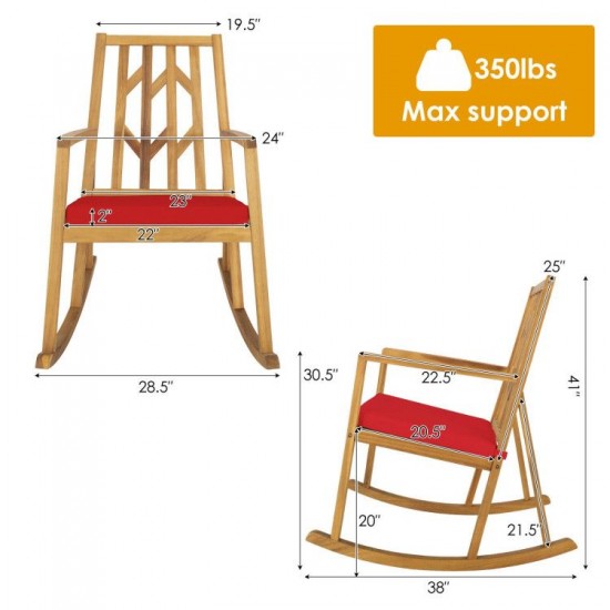 Honhorrs Acacia Wood Patio Rocking Chair, High Back and Broad Seat with Removable Cushion and Arms