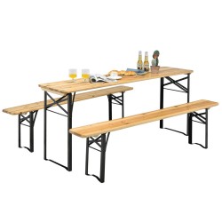 Honhorrs Folding Picnic Table and Two Benches, Fir-Wood Surfaces on Steel X-Frames with No Assembly