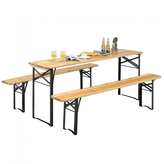 Honhorrs Folding Picnic Table and Two Benches, Fir-Wood Surfaces on Steel X-Frames with No Assembly