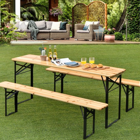 Honhorrs Folding Picnic Table and Two Benches, Fir-Wood Surfaces on Steel X-Frames with No Assembly
