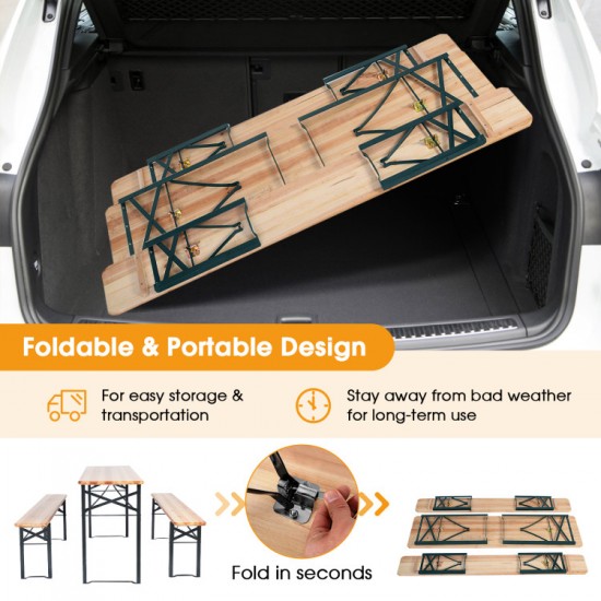 Honhorrs Folding Picnic Table and Two Benches, Fir-Wood Surfaces on Steel X-Frames with No Assembly
