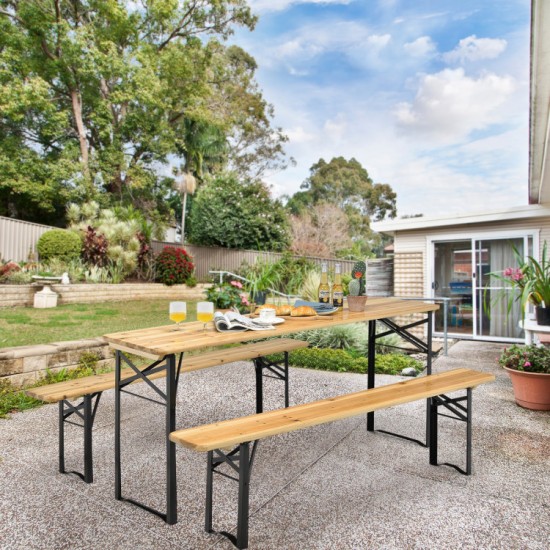 Honhorrs Folding Picnic Table and Two Benches, Fir-Wood Surfaces on Steel X-Frames with No Assembly
