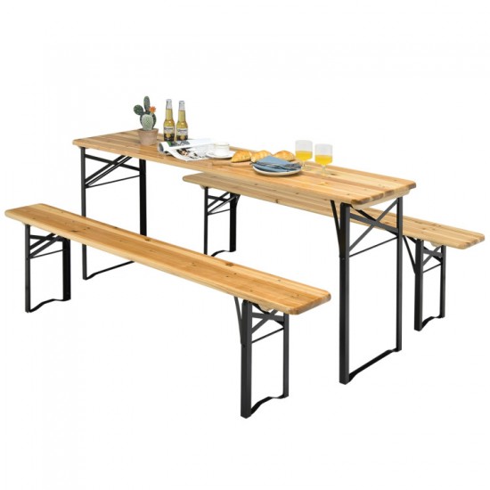 Honhorrs Folding Picnic Table and Two Benches, Fir-Wood Surfaces on Steel X-Frames with No Assembly
