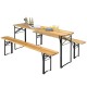 Honhorrs Folding Picnic Table and Two Benches, Fir-Wood Surfaces on Steel X-Frames with No Assembly