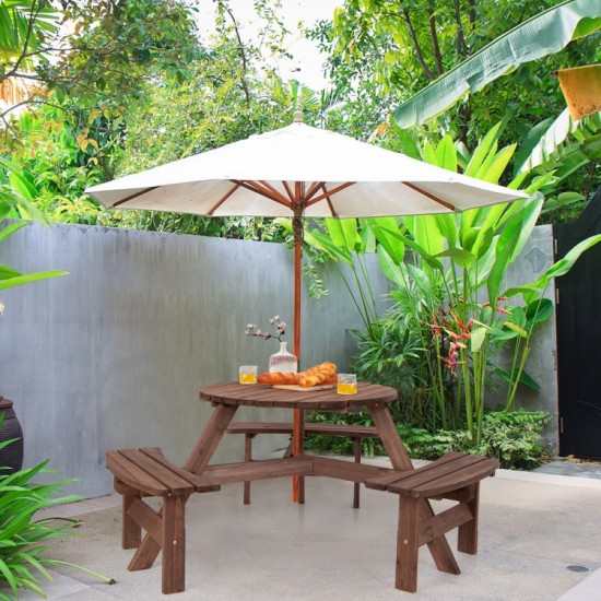 Honhorrs Six-Person Fir-Wood Picnic Table, Integrated Bench Seating and a Center Patio Umbrella Hole