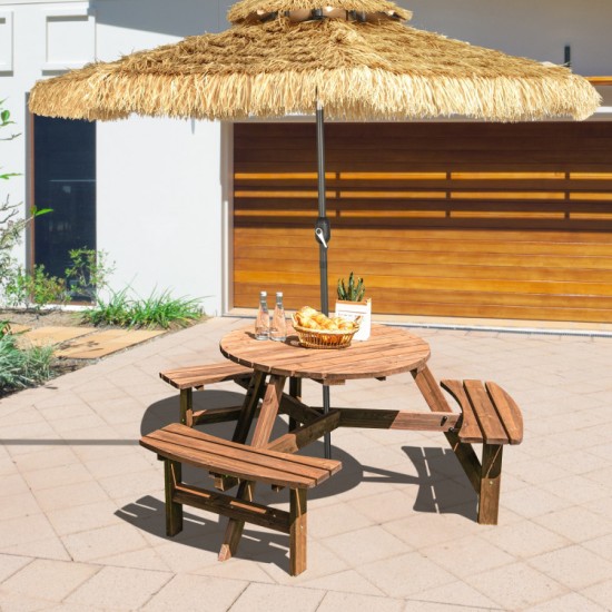 Honhorrs Six-Person Fir-Wood Picnic Table, Integrated Bench Seating and a Center Patio Umbrella Hole