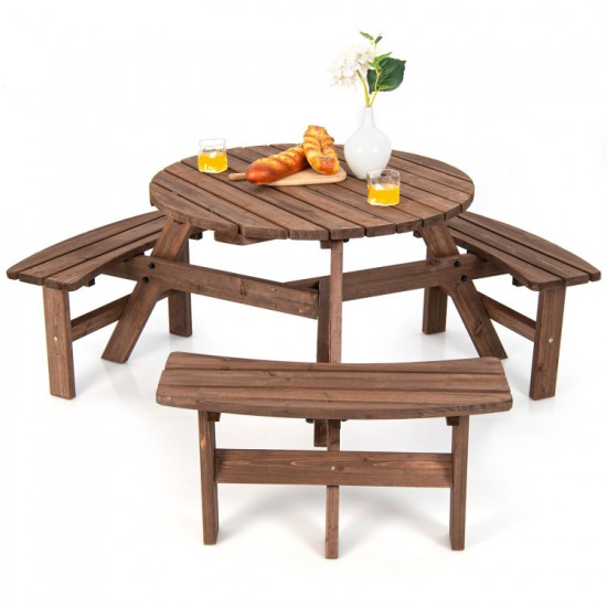 Honhorrs Six-Person Fir-Wood Picnic Table, Integrated Bench Seating and a Center Patio Umbrella Hole