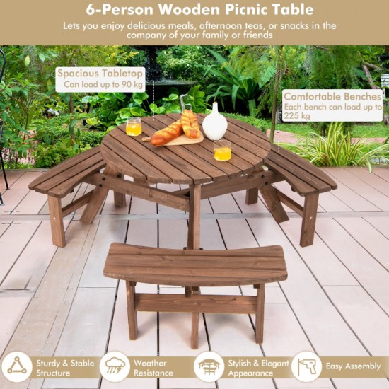 Honhorrs Six-Person Fir-Wood Picnic Table, Integrated Bench Seating and a Center Patio Umbrella Hole