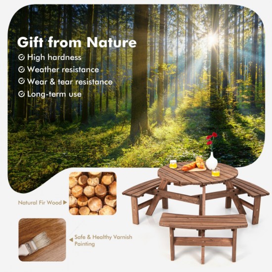 Honhorrs Six-Person Fir-Wood Picnic Table, Integrated Bench Seating and a Center Patio Umbrella Hole