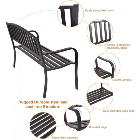 Honhorrs 50-Inch Steel Garden Loveseat Bench, Outdoor Seating with Armrests and Four-Leg Support