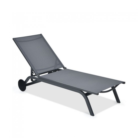 Honhorrs Aluminum Patio Chaise with Six Backrest Positions, Breathable Fabric and Two Rear Wheels