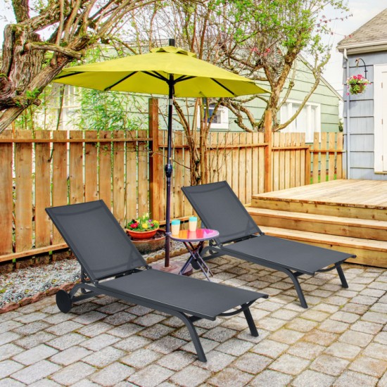 Honhorrs Aluminum Patio Chaise with Six Backrest Positions, Breathable Fabric and Two Rear Wheels