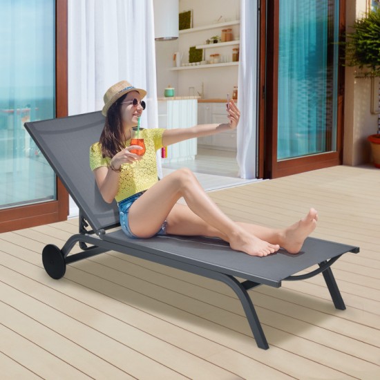Honhorrs Aluminum Patio Chaise with Six Backrest Positions, Breathable Fabric and Two Rear Wheels