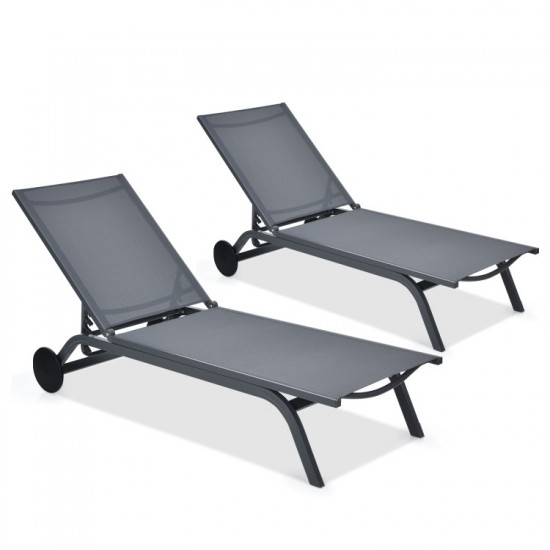 Honhorrs Aluminum Patio Chaise with Six Backrest Positions, Breathable Fabric and Two Rear Wheels