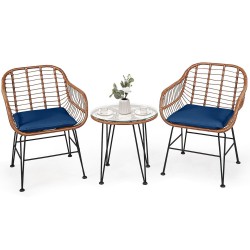 XVX Wicker Bistro Seating Set, Two Cushioned Patio Armchairs and Tempered Glass Side Table