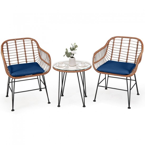 Honhorrs Wicker Bistro Seating Set, Two Cushioned Patio Armchairs and Tempered Glass Side Table