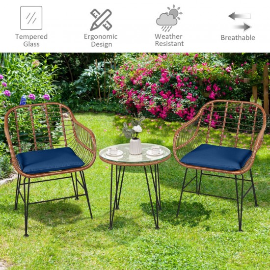 Honhorrs Wicker Bistro Seating Set, Two Cushioned Patio Armchairs and Tempered Glass Side Table
