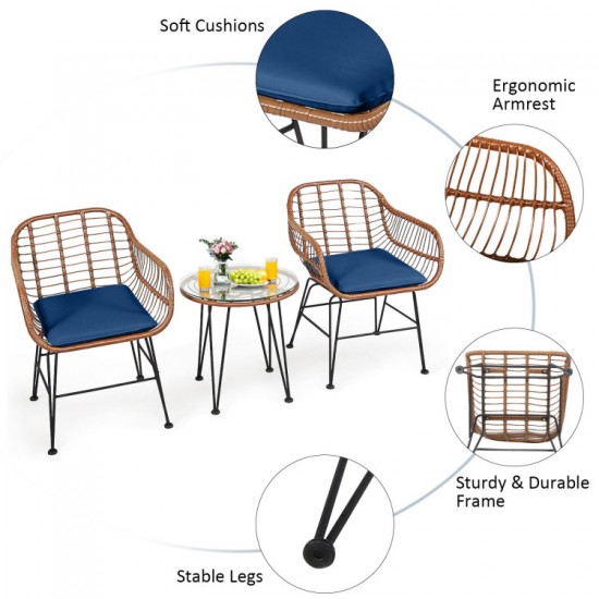 Honhorrs Wicker Bistro Seating Set, Two Cushioned Patio Armchairs and Tempered Glass Side Table