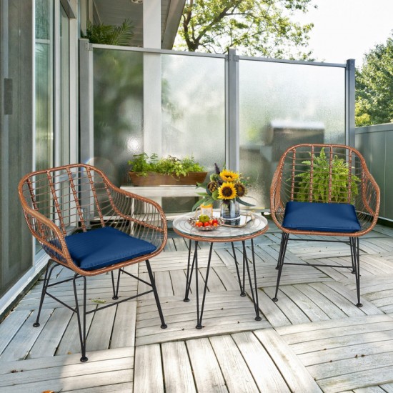 Honhorrs Wicker Bistro Seating Set, Two Cushioned Patio Armchairs and Tempered Glass Side Table