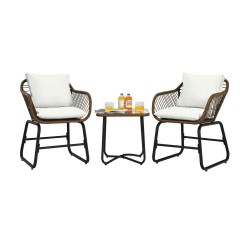 XVX Three-Piece Patio Wicker Bistro Set, Two Armchairs with Four Cushions and a Square Table
